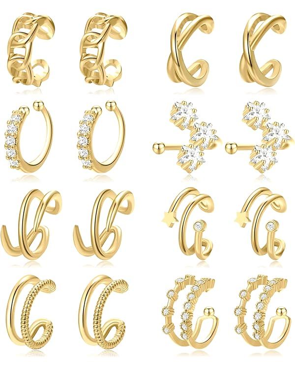 16 Pcs Gold Ear Cuffs Earrings for Women Non Piercing, 14K Real Gold Plated Adjustable Fake Clip ... | Amazon (US)