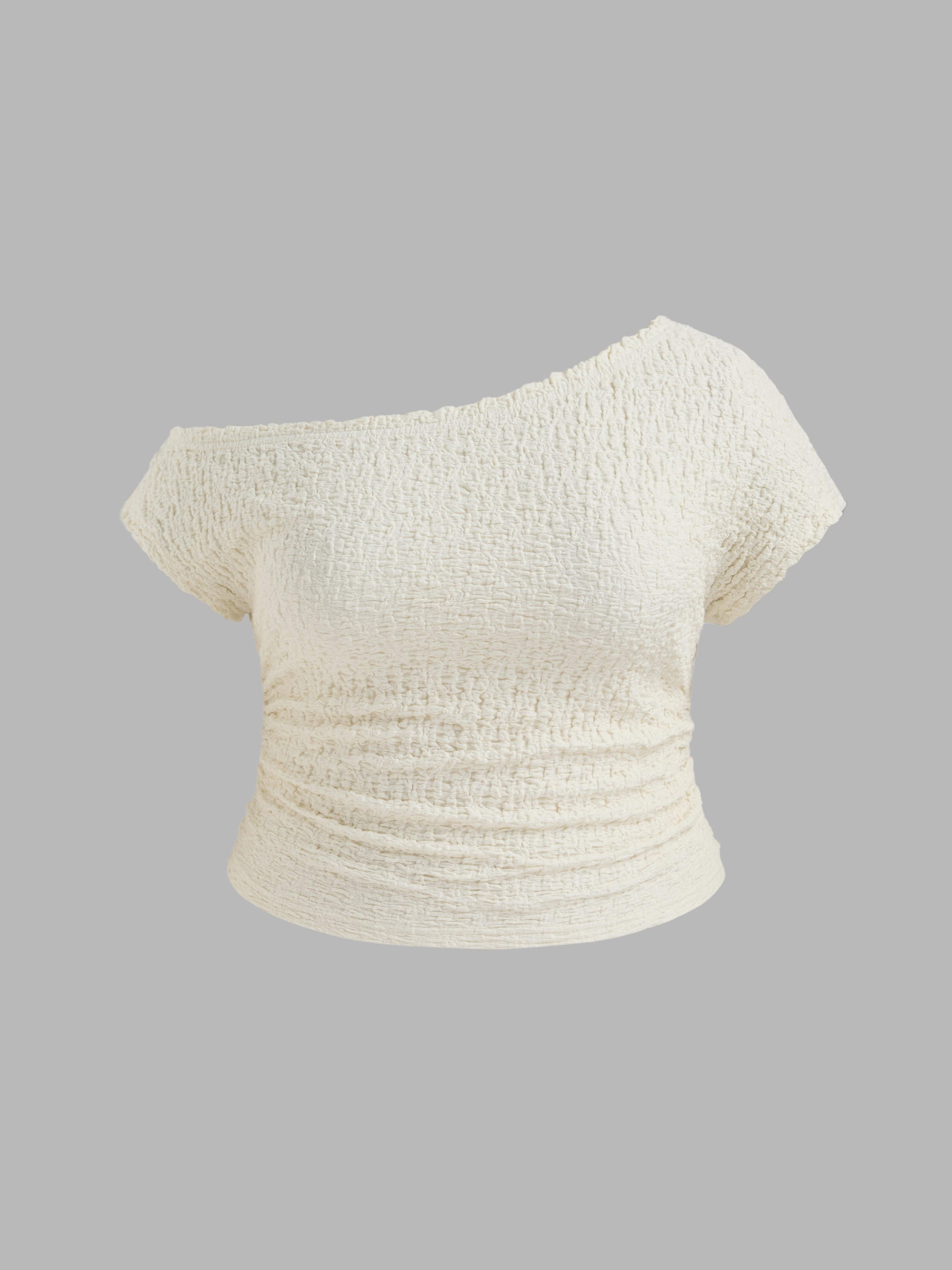Knit Fabric Asymmetrical Neck Solid Texture Ruched Short Sleeve Top For Daily Casual Coffee Shop ... | Cider