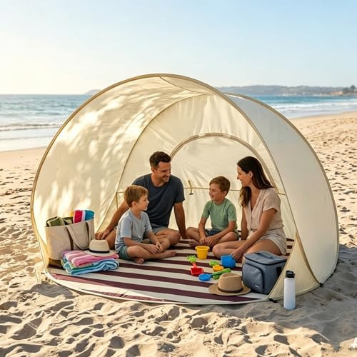 Pop-Up Beach Tent with UV Protection, Waterproof Portable Sun Shelter Beach for 3-4 Person, High-Density Mesh, No Installation Required Easy Storage for Beachs, Park, Backyard Fun (1set) | Amazon (US)