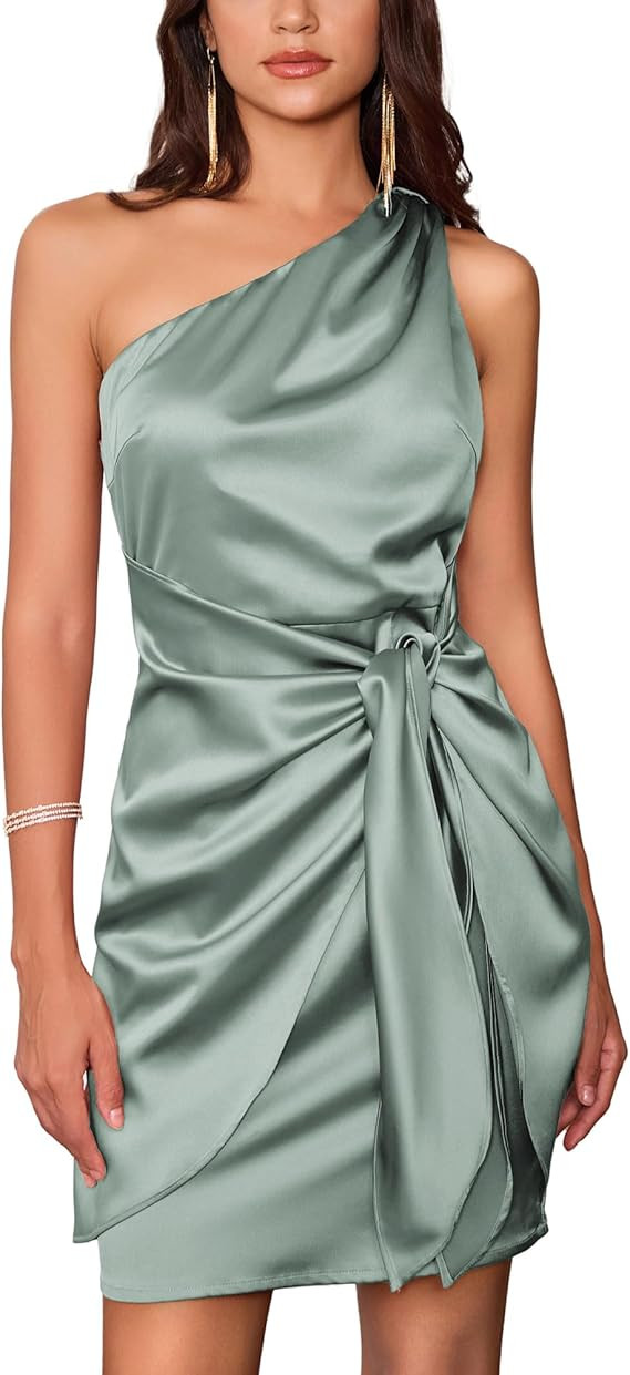 GRACE KARIN 2025 Women Satin Dress Cocktail One Shoulder Sleeveless Tie Waist Party Mini Dresses | Amazon (US)