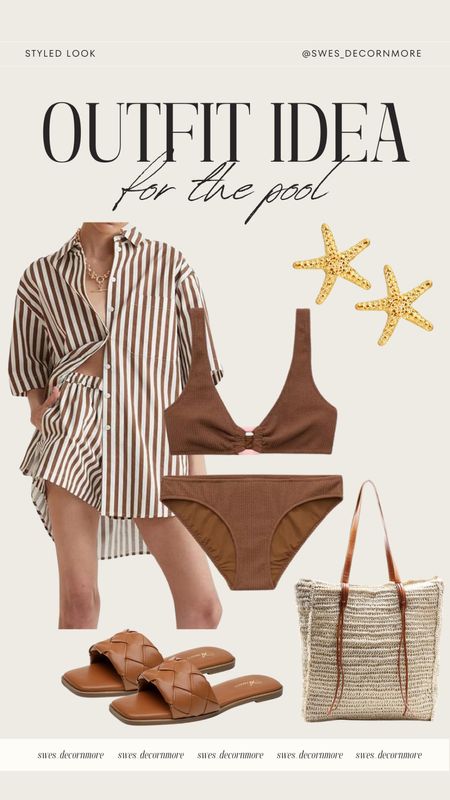 Outfit idea for the pool- neutral swimsuit paired with coordinating two piece button down set, starfish earring, straw bag and braided sandals all from Amazon  

#LTKitbag #LTKstyletip #LTKswim
