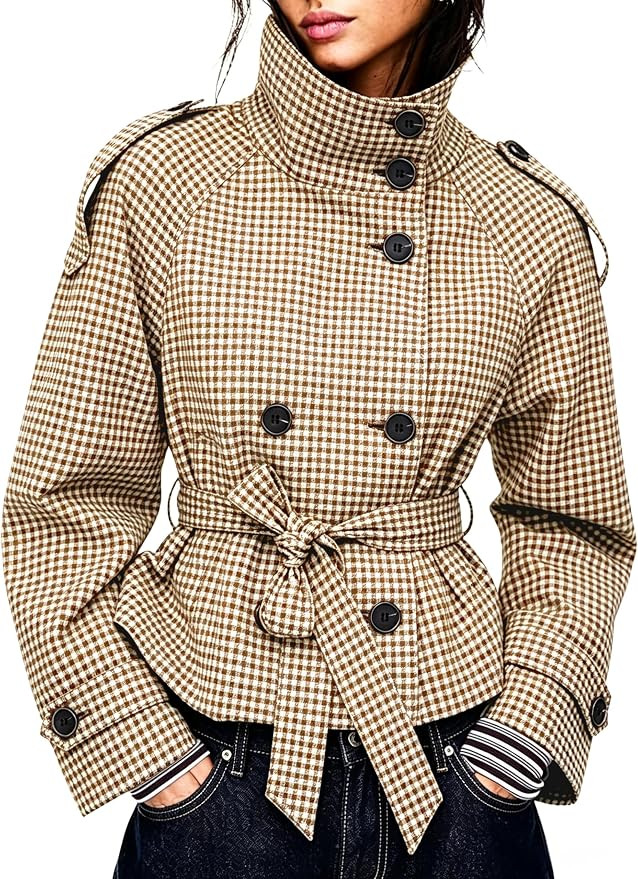 Women's Gingham Trench Coat Double Breasted Short Jacket | Amazon (US)