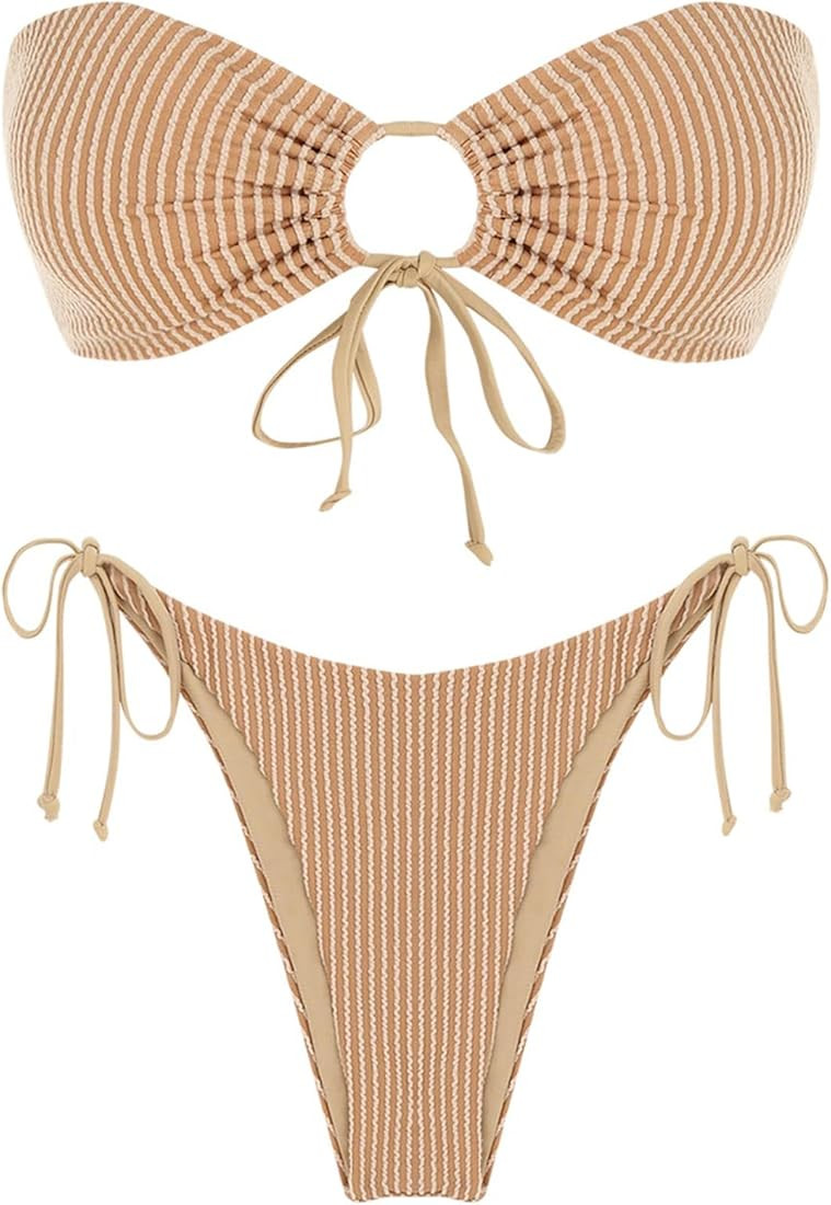 ZAFUL Women O Ring Bandeau Bikini Set, Strapless Swimsuit Tie Bikini High Cut 2 Pieces Bathing Su... | Amazon (US)