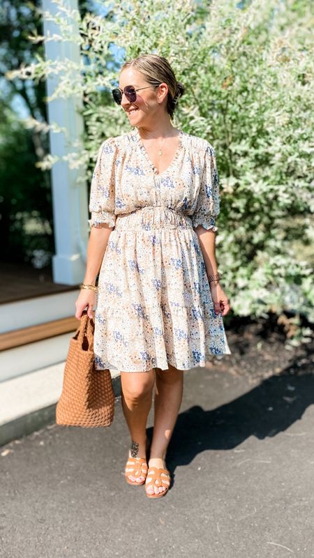 My graduation look! Floral, ruffle knee length dress with elbow length sleeves, neutral slides and a tote. Perfection for the weather! 

#LTKFind #LTKworkwear #LTKstyletip