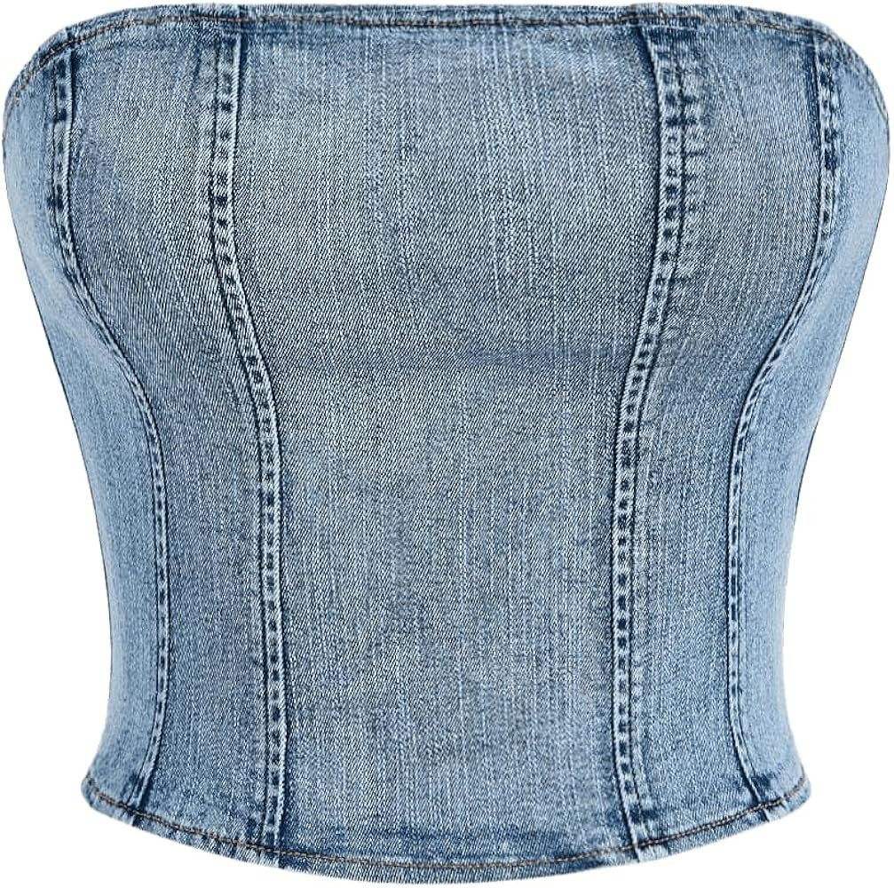 Floerns Women's Sleeveless Strapless Zipper Back Bandeau Crop Denim Tube Top | Amazon (US)