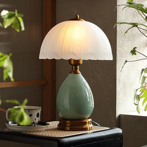 Glivpny Vintage Lamp for Living Room,16" Modern Ceramic Table Lamps for Bedroom,Retro Bedside Nightstand Traditional Lamps, Classic Chinoiserie Green Lamp for Home Decor (LD001) | Amazon (US)