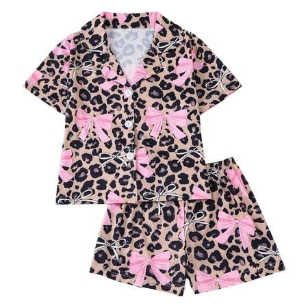 Kiijoy Girls Pajamas Leopard Bow Print Short Sleeve Button Shirt Shorts Set, Sizes 6-7 | Walmart (US)