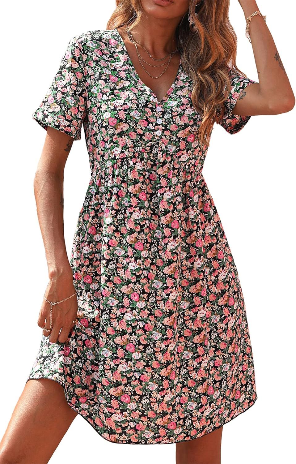 PRETTYGARDEN Summer Dress for Women 2023 Short Sleeve V Neck Ruffle Floral Swing A-Line Short Dre... | Amazon (US)