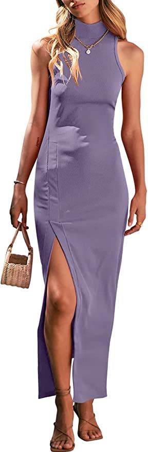 ANRABESS Women's Sleeveless Mock Neck Slit Bodycon Dress Ribbed Knit Slim Fit Party Maxi Dress | Amazon (US)