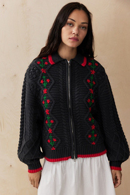 Damson Madder Grandpa Knit Cardigan - Grey UK 8 at Urban Outfitters | Urban Outfitters UK