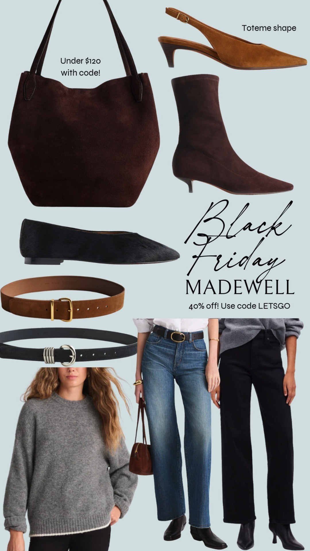 Madewell 40% off with code LETSGO! One of the most straightforward black friday sales. Denim pictured are 20% off. 

black friday madewell, black friday jeans, madewell sale, black friday deals, black friday clothes, black friday tote, black friday madewell shoes 

 