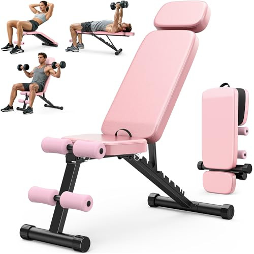 XDDIAS Workout Bench, 10 Backrests Adjustable Weight Bench with Extended Headrest, 800LBS Foldable Weight Bench for Home Gym, Incline Decline Flat Bench Compact for Small Space Training, Pink | Amazon (US)