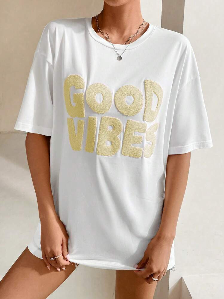 SHEIN MOOSTA Slogan Graphic Drop Shoulder Tee Graphic Tees Women Tops | SHEIN