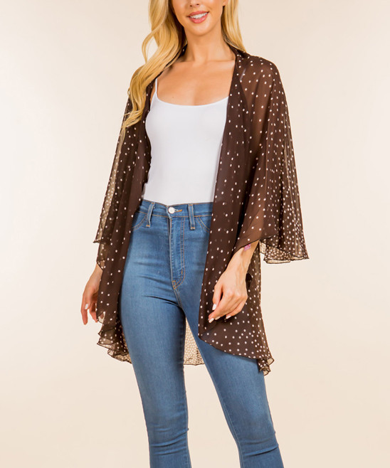 g accessories Women's Kimono Cardigans BR - Brown & White Polka Dot Sheer Kimono | Zulily