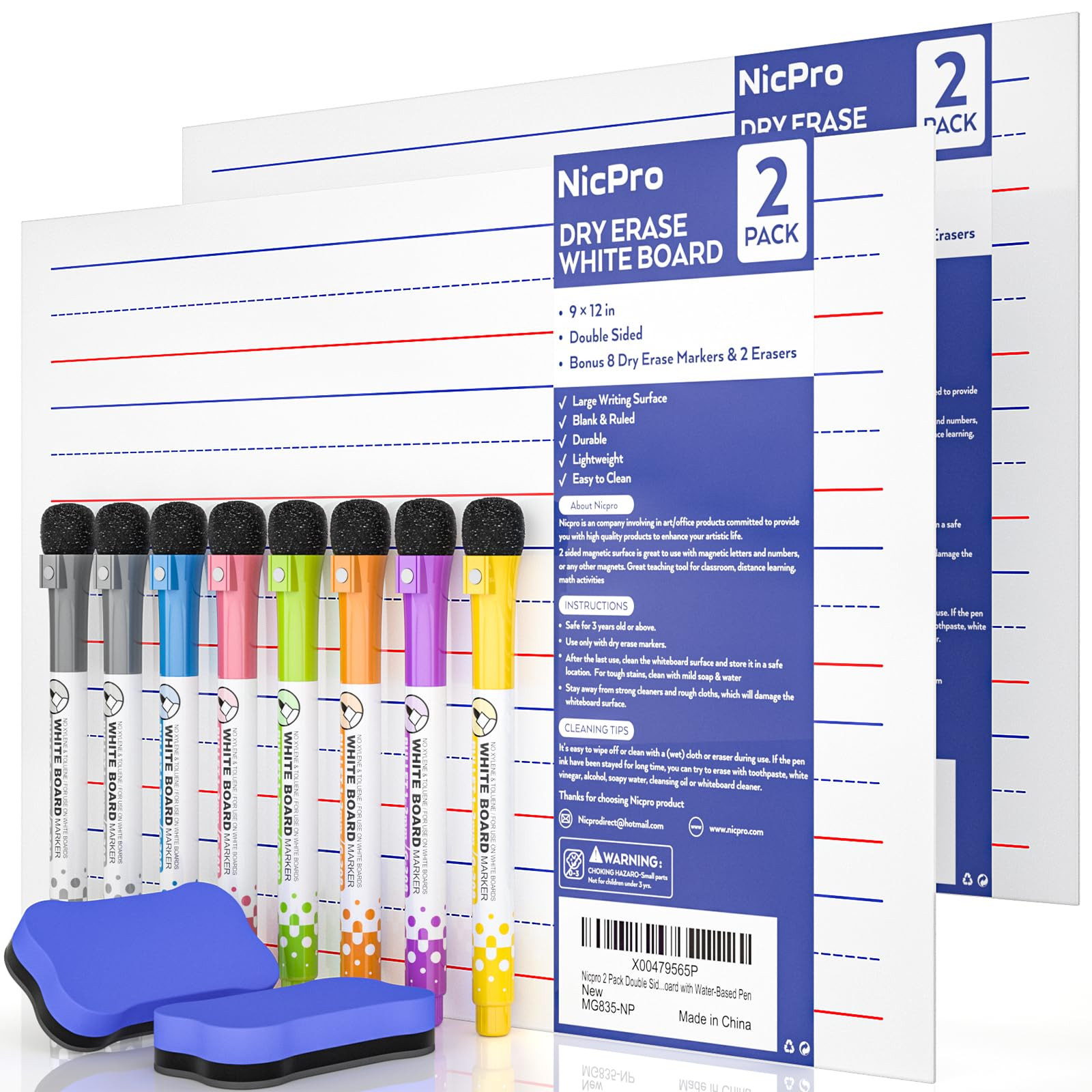 Nicpro 2 Pack Magnetic Dry Erase Lap Board, 9 x 12 inches Magnetic Lined Small Lapboard with 8 Pens, 2 Eraser, Learning Mini Whiteboard Portable for Kid Student and Classroom Use | Amazon (US)