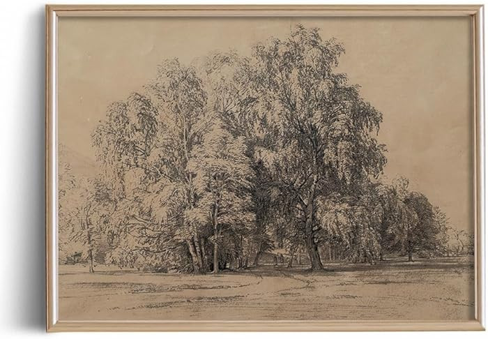 Forest Trees Beige Print Poster - Landscape Moody Drawing Etching Rustic Gray Picture - Vintage F... | Amazon (US)