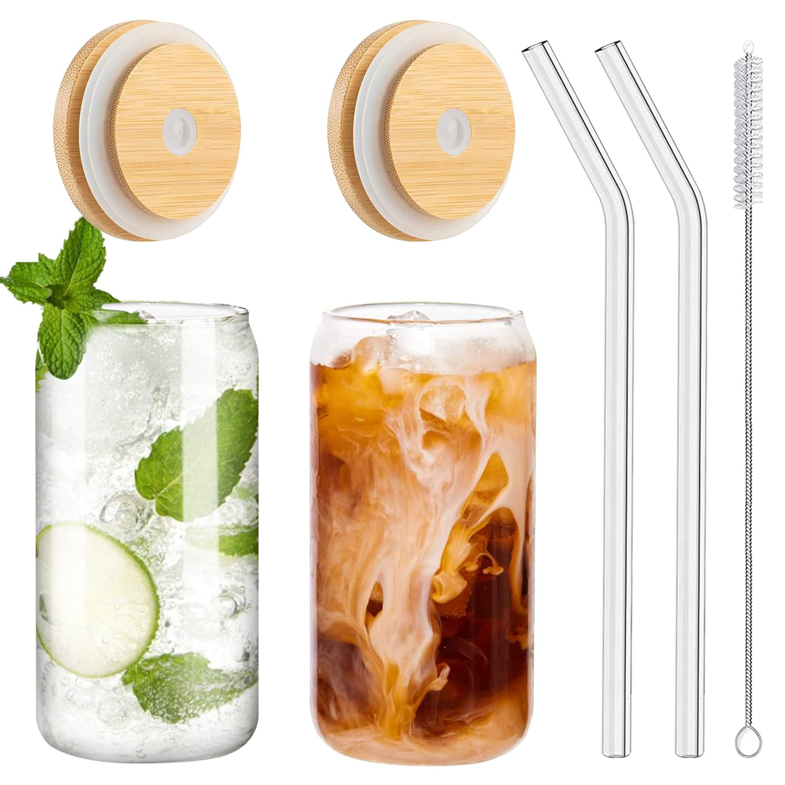 Drinking Glasses with Bamboo Lids and Glass Straw 2PCS Set, 16oz Glass Cups with Lids and Straws,... | Amazon (US)