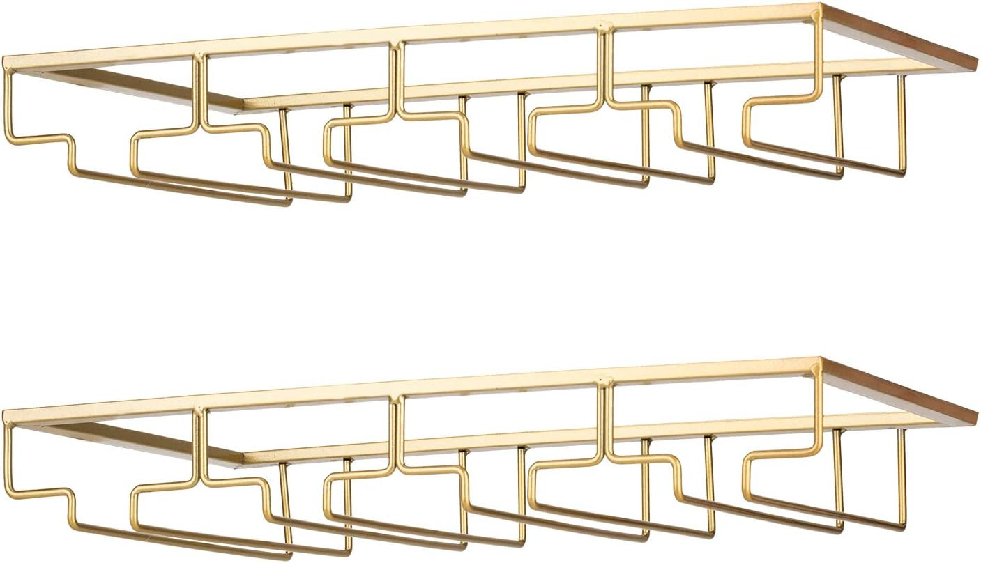 FOMANSH Wine Glass Rack - Under Cabinet Stemware Wine Glass Holder Glasses Storage Hanger 2 Pack Metal Organizer for Bar Kitchen 4 Rows Gold | Amazon (US)