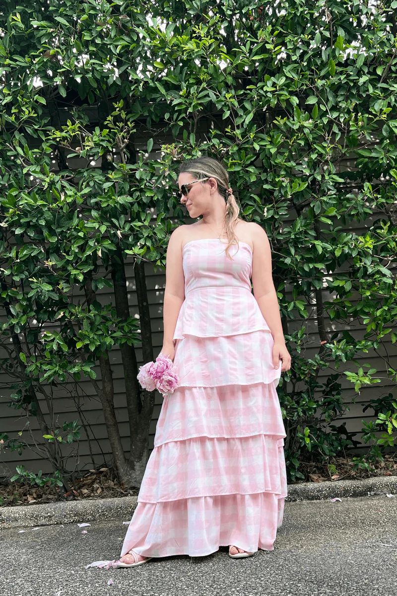 FINAL SALE Ibiza Triple Tiered Tie Back Sundress Maxi | Baby Pink/White Cotton Gingham | SUE SARTOR