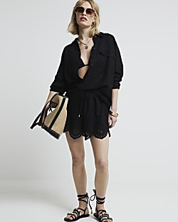 Black linen blend broderie detail shirt | River Island (UK & IE)