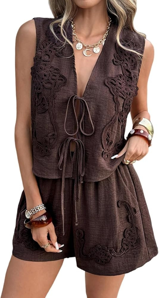 Womens 2 Piece Outfits Summer Print Tie Front Vest Tops and Shorts with Pockets Set Beach Vacatio... | Amazon (US)