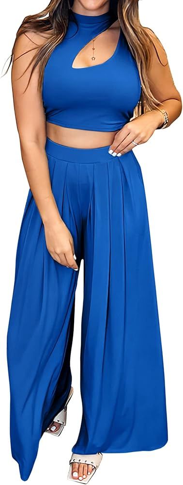BTFBM Women 2 Piece Outfits Spring Summer Tracksuits Mock Neck Sleeveless Cutout Crop Top Wide Le... | Amazon (US)