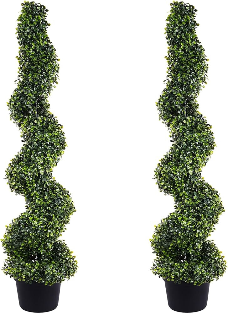 4FT Artificial Boxwood Spiral Topiary Trees, 4ft Tall (2 Pieces) Faux Plant Outdoor, All-Year Gre... | Amazon (US)
