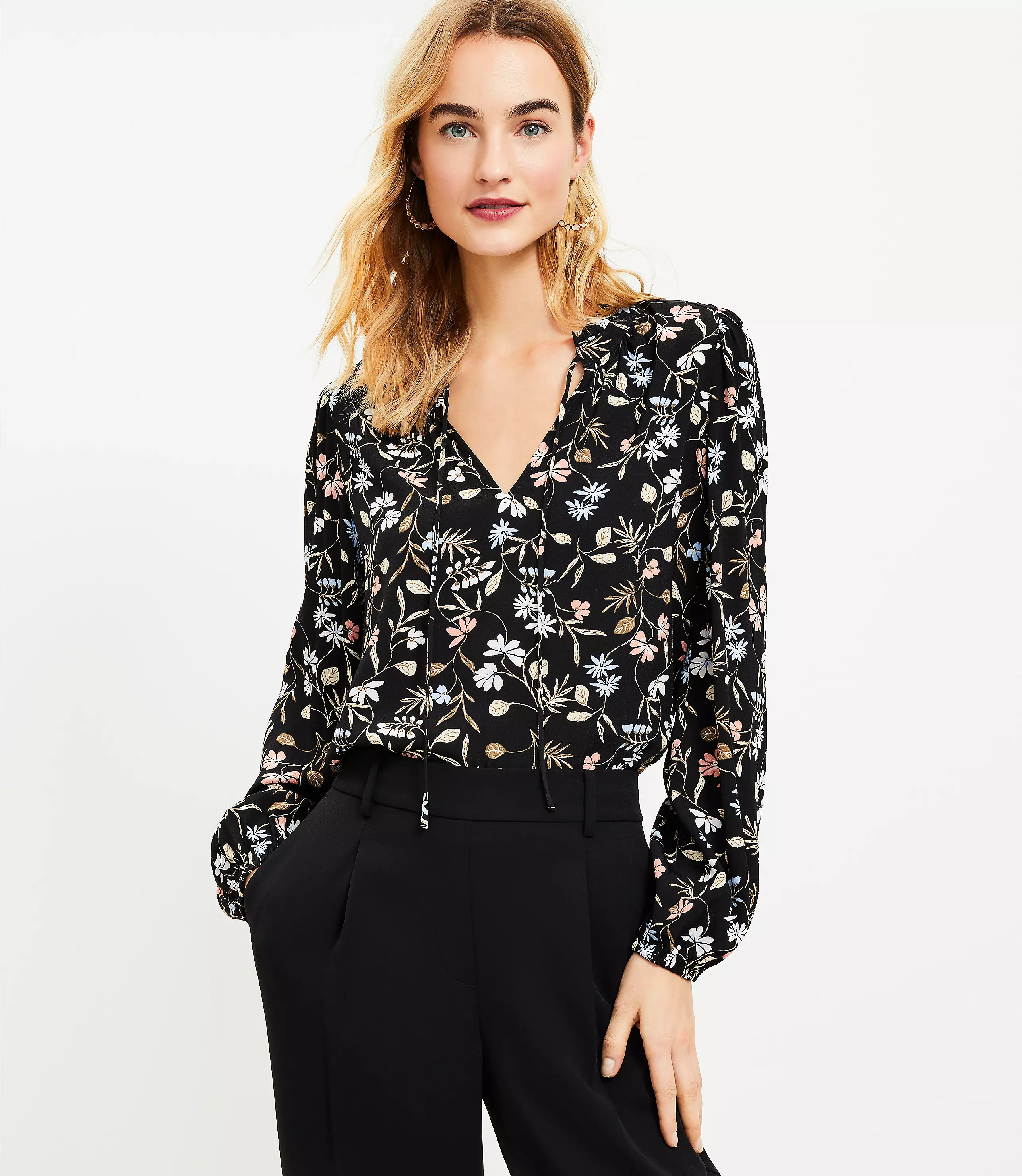 Floral Ruffle Tie Neck Blouse | LOFT