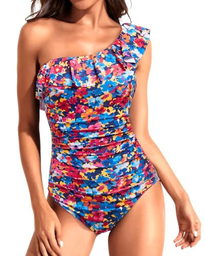 Tempt Me Women Colorful Floral One Piece Swimsuits Tummy Control One Shoulder Bathing Suits Ruffle Swimwear Medium | Amazon (US)