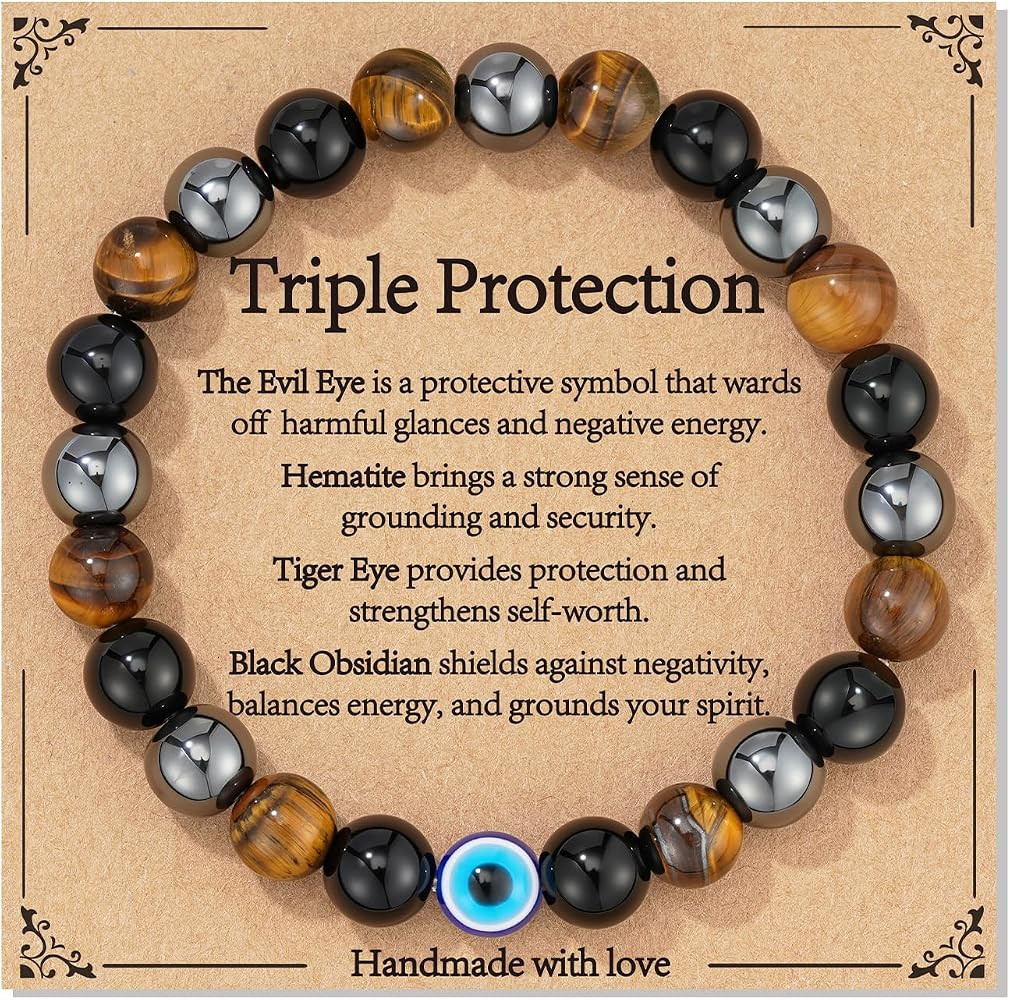 Healing Crystal Bracelet for Women, Natural Stone Beaded Bracelets Triple Protection Stress Relie... | Amazon (US)