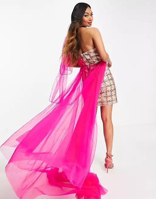 Lusso the Label exclusive organza tie shoulder mini dress with train in pink check sequin | ASOS (Global)