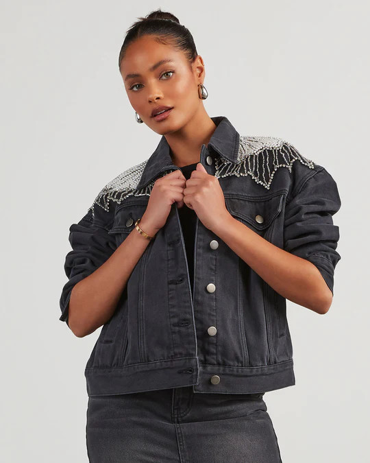 Delanie Pearl & Rhinestone Denim Jacket | VICI