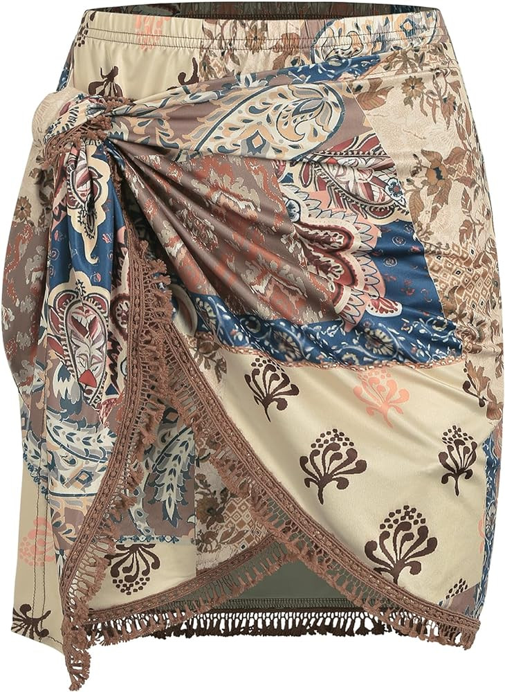 ZAFUL Slit Skirt for Women Boho Print Tie Side Wrap Tassel Casual Beach Mini Skirt | Amazon (US)