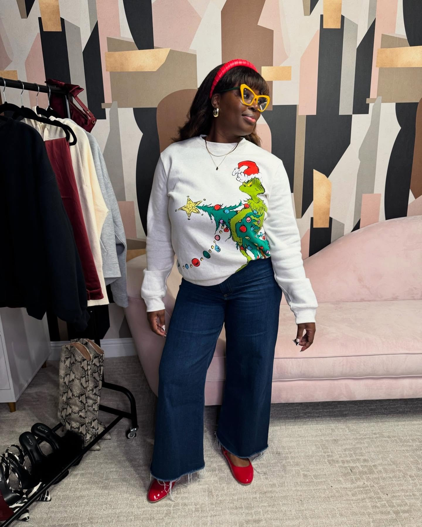 Holiday vibes unlocked! 🎄✨ Picked up this festive Grinch sweatshirt during a quick grocery run and it’s perfect for holiday gatherings or just staying cozy in the spirit of the season. Get ready for the holidays with these festive grinch inspired sweatshirts 🛍️ 

Details 👇🏾
Sweatshirt: @target (old) 
Jeans: @zara 
Flats: @stevemadden
Headband & Necklace: @hm
Earrings: @amazon
Glasses: @zeelool

#fashion #style #cozy #holidays #holidaystyle #grinch

#LTKHoliday #LTKootd #LTKSeasonal