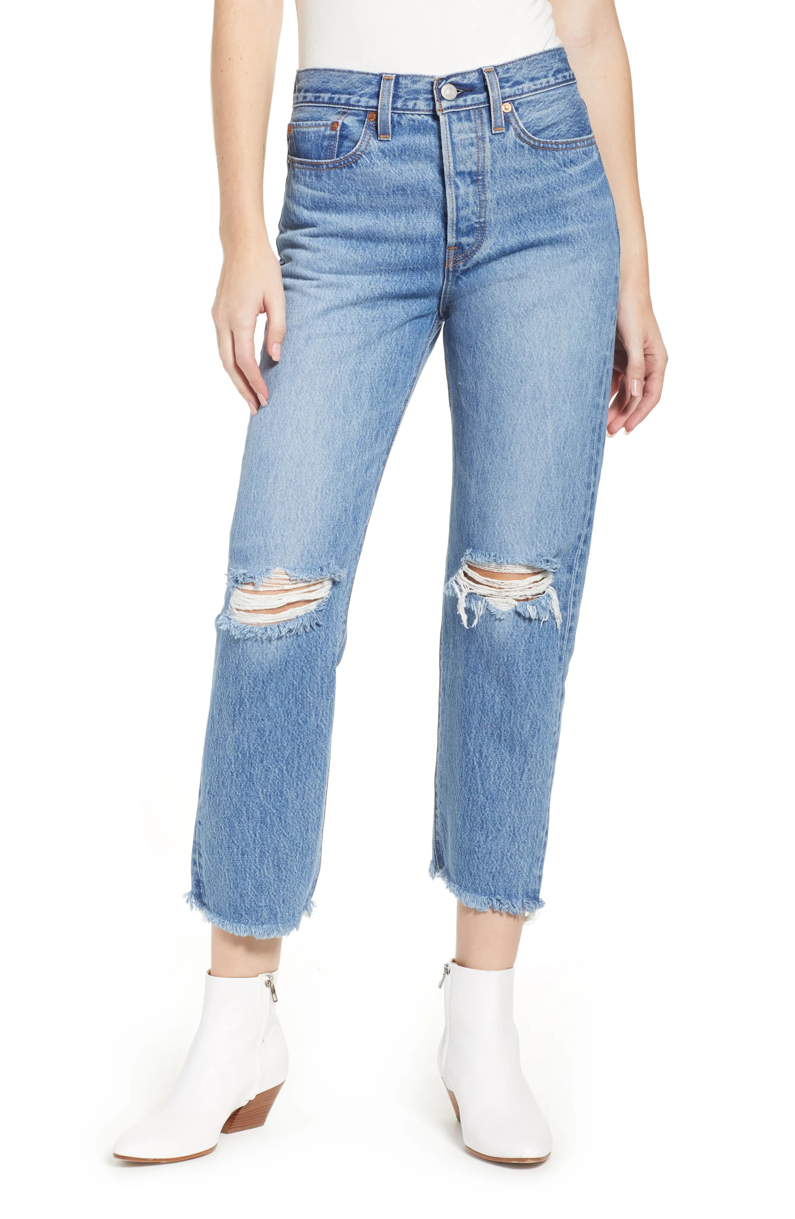 Women's Levi's Wedgie High Waist Ripped Crop Straight Leg Jeans, Size 23 x 26 - Blue | Nordstrom