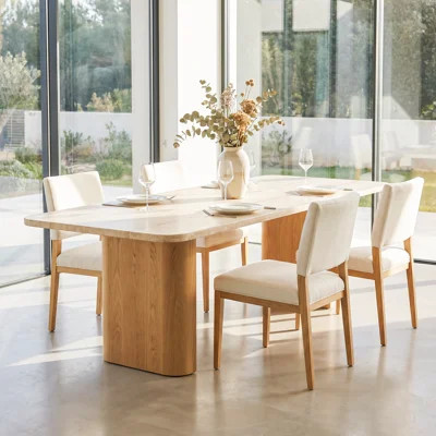 Ovelo 96" Rectangular Travertine Top Dining Table with Oak Pedestal Base, Modern Kitchen Table-Natural | Wayfair North America