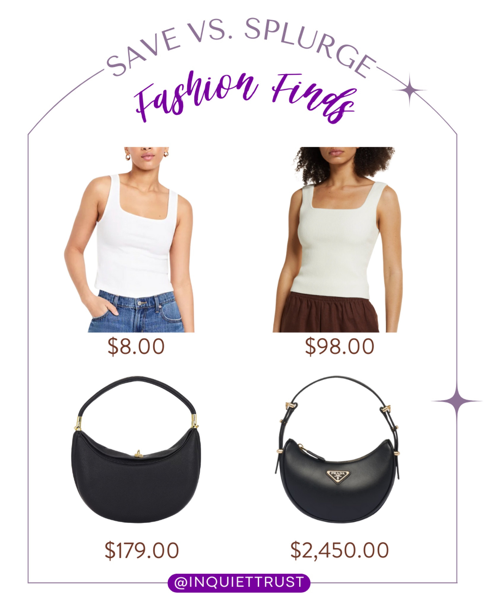 Shop now and treat yourself to these save or splurge-worthy finds; trendy white tank tops and a chic black moon handbag!
#lookforless #springfashion #affordablefinds #outfitinspo

#LTKstyletip #LTKitbag #LTKSeasonal