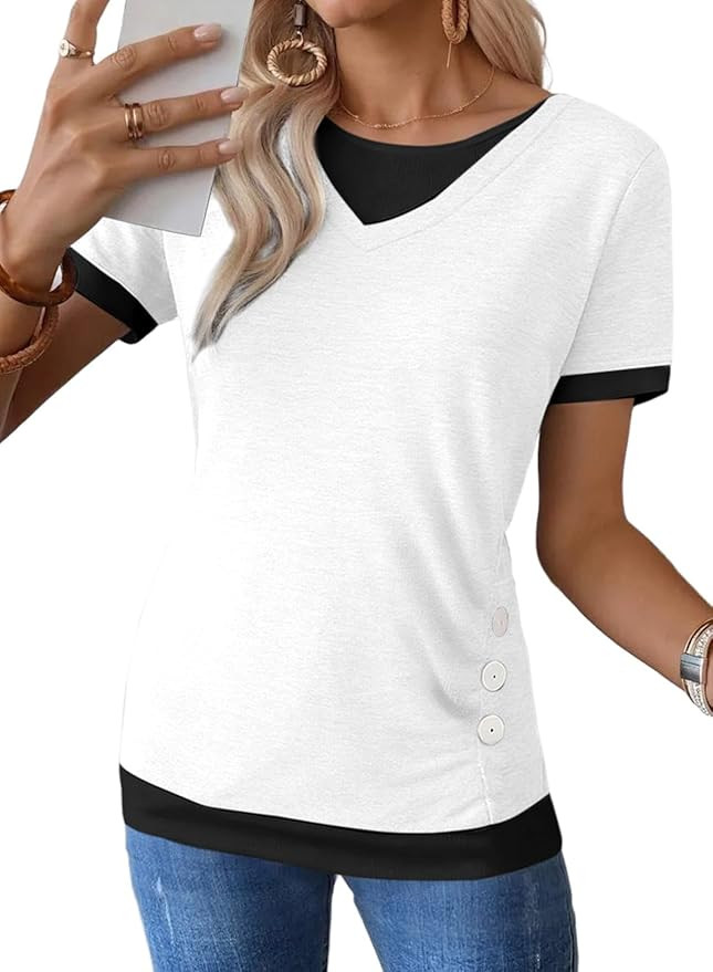 SHEWIN Womens Mock Layered Tops Casual Crewneck Short Sleeve Shirts Contrast Basic Tees | Amazon (US)