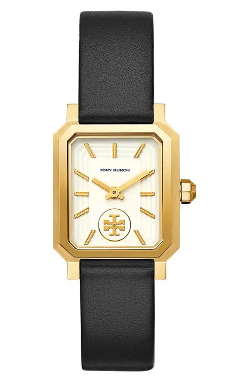 Tory Burch Robinson Leather Strap Watch, 27mm x 29mm in Black/White/Gold at Nordstrom | Nordstrom