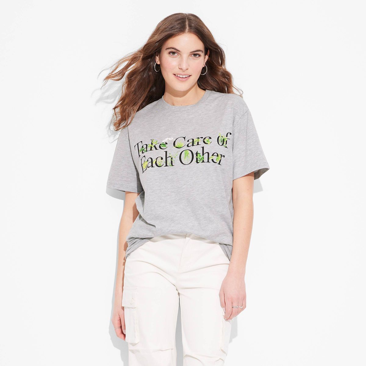 Women's Take Care of Each Other Oversized Short Sleeve Graphic T-Shirt - Heather Gray | Target