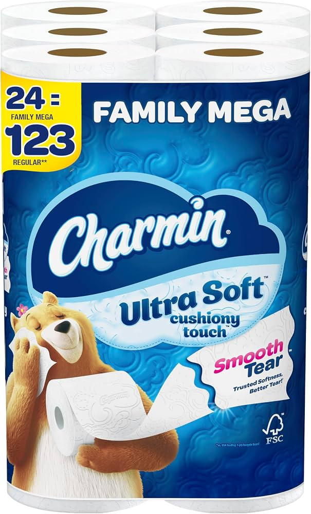 Charmin Ultra Soft Cushiony Touch Toilet Paper, 24 Family Mega Rolls = 123 Regular Rolls | Amazon (US)