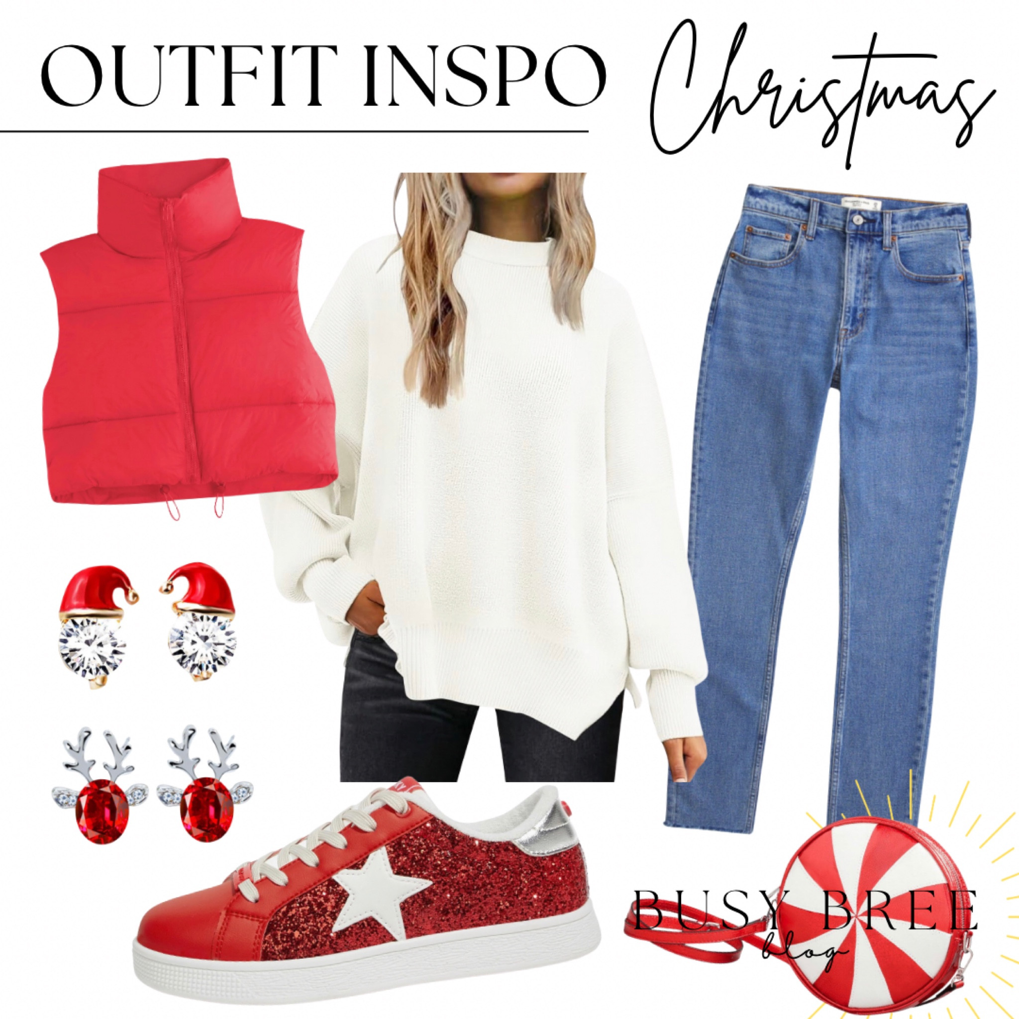 Casual Christmas outfit idea, red sneakers, red shoes, Christmas purse, Christmas gifts for her, white sweater, winter jeans outfit, red vest 

#LTKStyleTip #LTKxPrimeDay #LTKSaleAlert