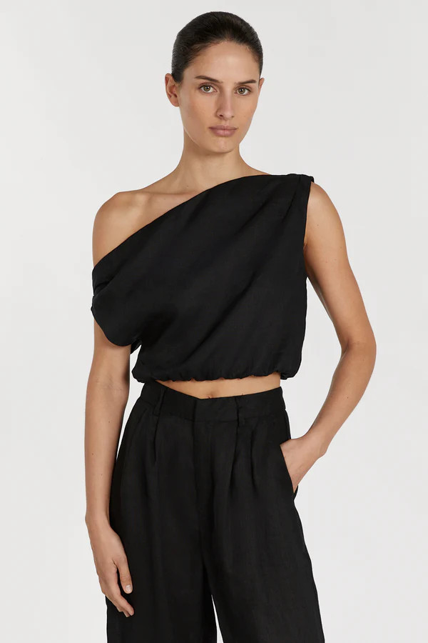 CASS BLACK LINEN CROP TOP | DISSH