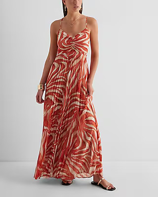 Printed V-Neck Pleated Cross Back Maxi Dress | Express