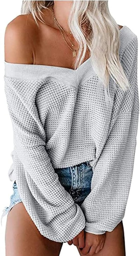 Tobrief Women's V Neck Long Sleeve Waffle Knit Tops Off Shoulder Oversized Pullover Sweater | Amazon (US)