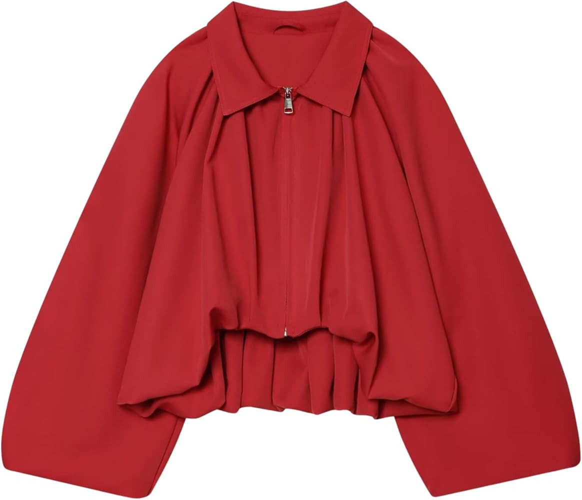 Chevara Women\u2019s Puffed Sleeve Bomber Jacket Trendy Lapel Collar Zip Up Cropped Loose Fit Spr... | Amazon (US)