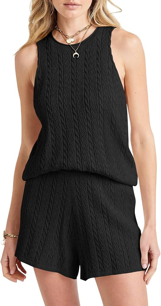 Tankaneo Womens Crochet Knit 2 Piece Lounge Sets Summer Trendy Sleeveless Crew Neck Tank Top and ... | Amazon (US)