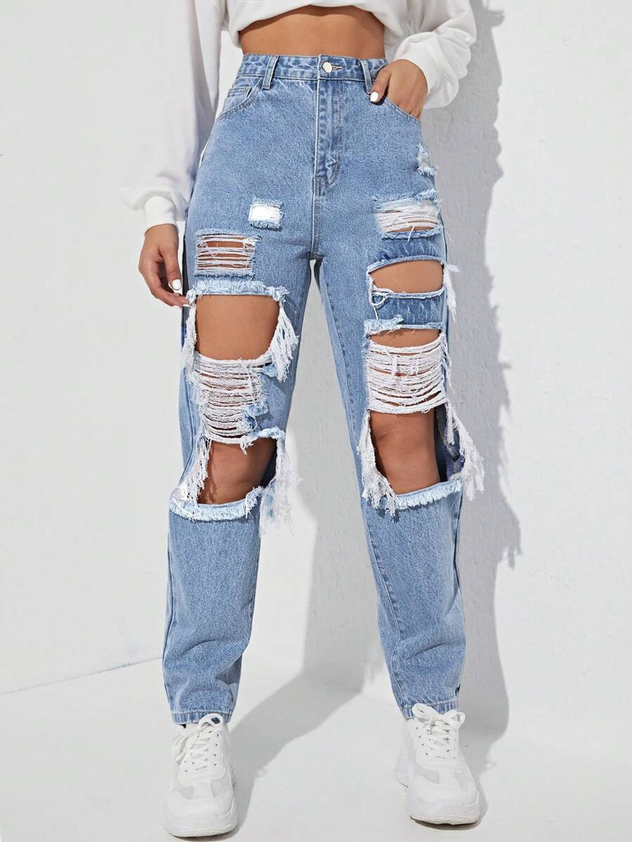 SHEIN EZwear Women's Ripped Denim Trousers | SHEIN
