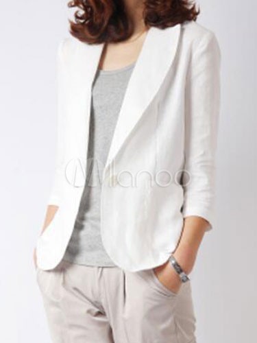 Women White Blazer Linen Spring Jacket Button Three Quarter Sleeve Lightweight Jacket | Milanoo