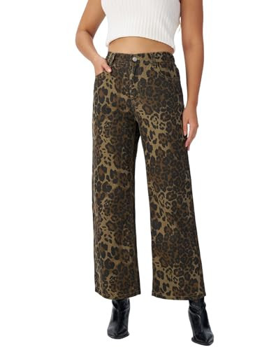 Myzellia Women’s Wide Leg Leopard Print Jeans High Waisted Pull on Cheetah Print Loose Denim Pants Leopard Yellow Large | Amazon (US)